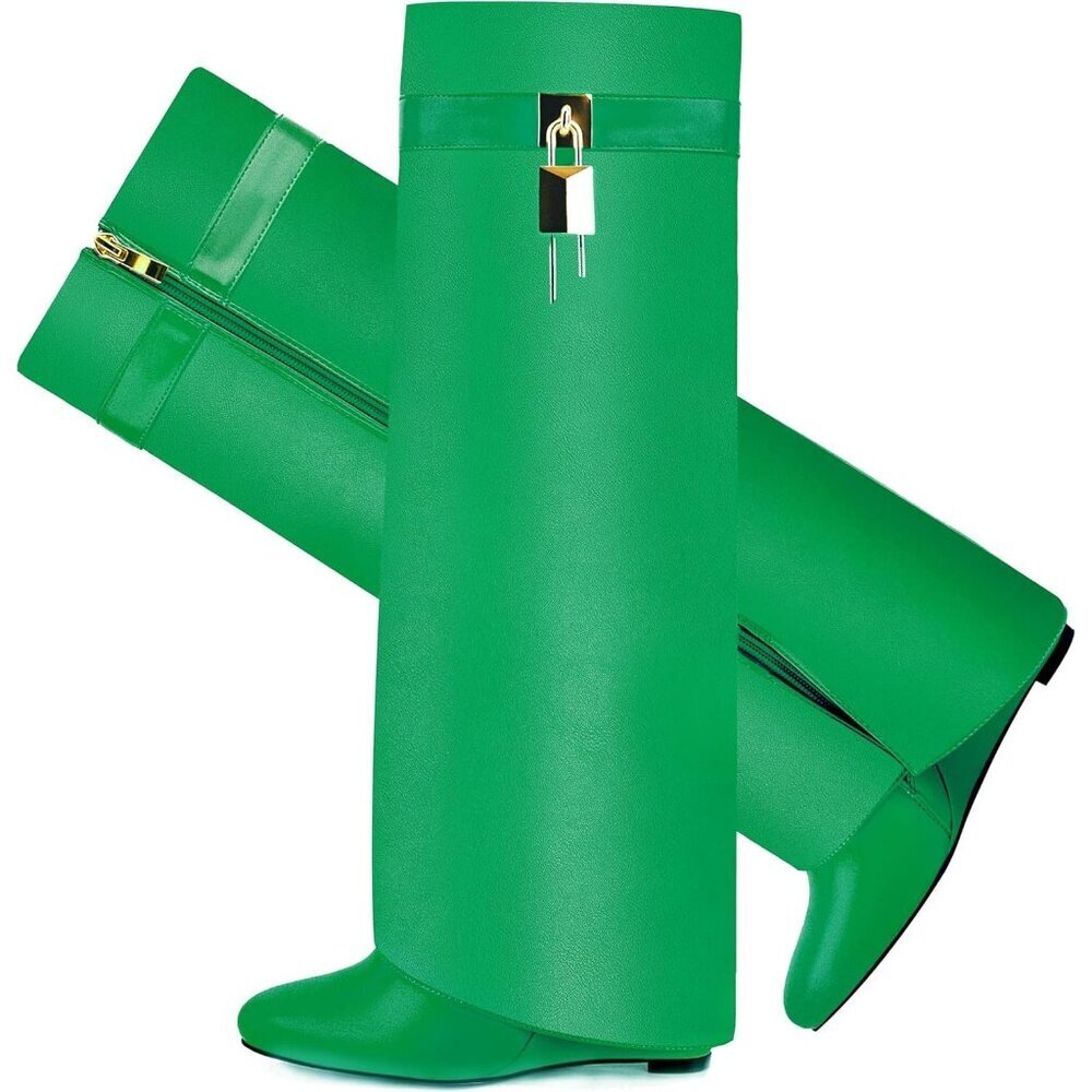 Women Faux Leather Green Pull-on Wedge Heel Knee Shark Padlock Design Boot